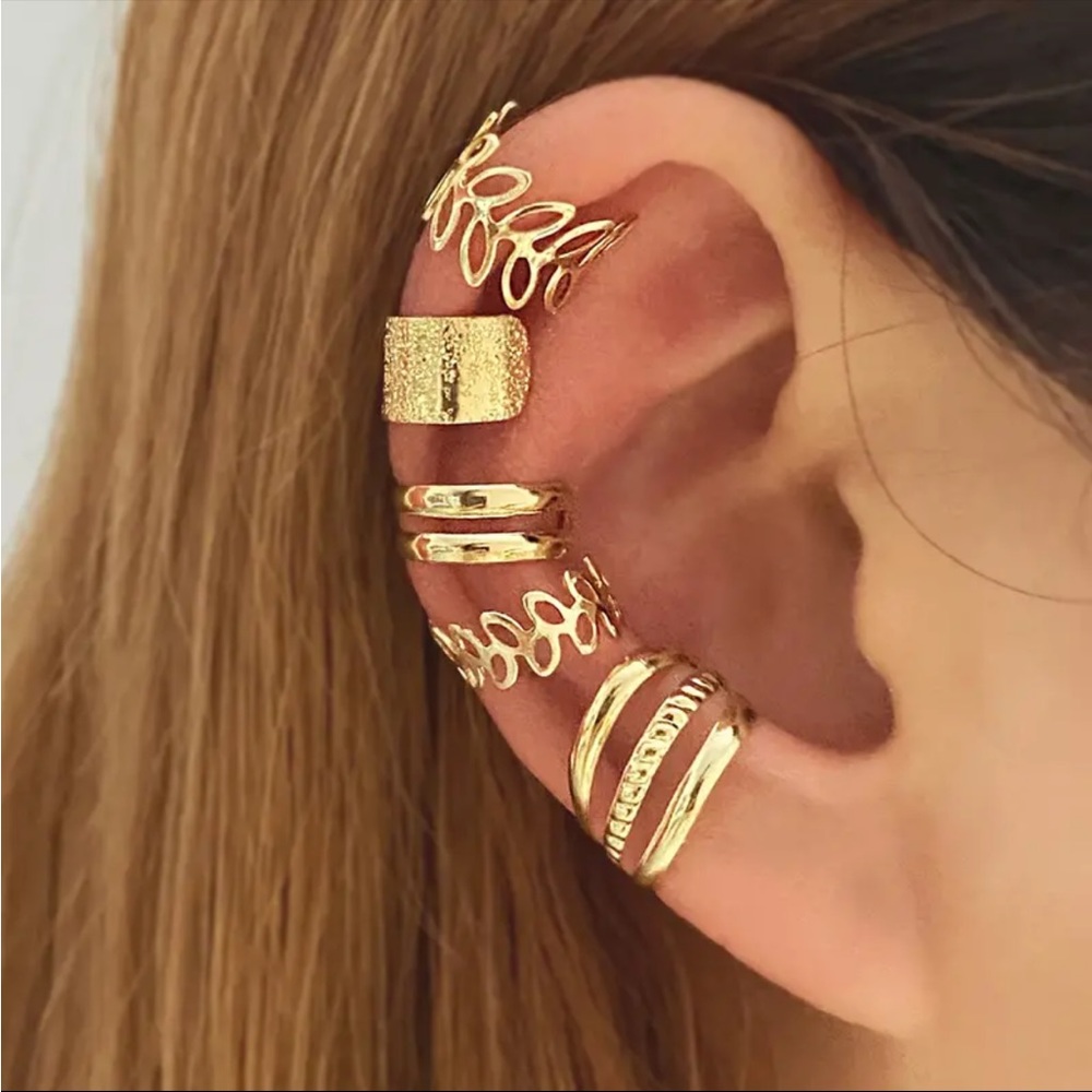 Golden Leaf 5pcs Cutout Ear Cuffs / Clips Fitting - One Ear